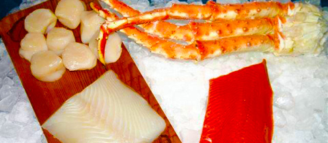 Alaskan Seafood Feast - 2 lbs. Alaskan Red King Crab, 1.25 lb. Scallops, 1 lb. Halibut, 1 lb. Sockeye Salmon -  Delivery Included!